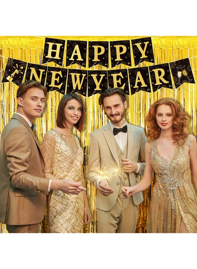 Zhehao Happy New Year Banner with 3.3 x 6.6 ft Gold Foil Fringe Curtains for New Year Eve Party Decorations - Image 4