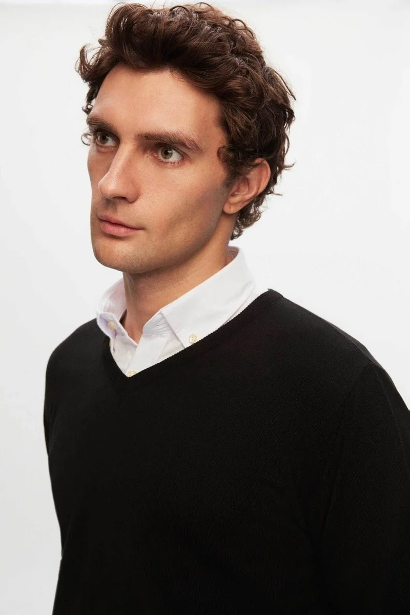 دي أس دامات Regular Fit Black Plain V Neck Knitwear Sweater 5HF06ORT12003