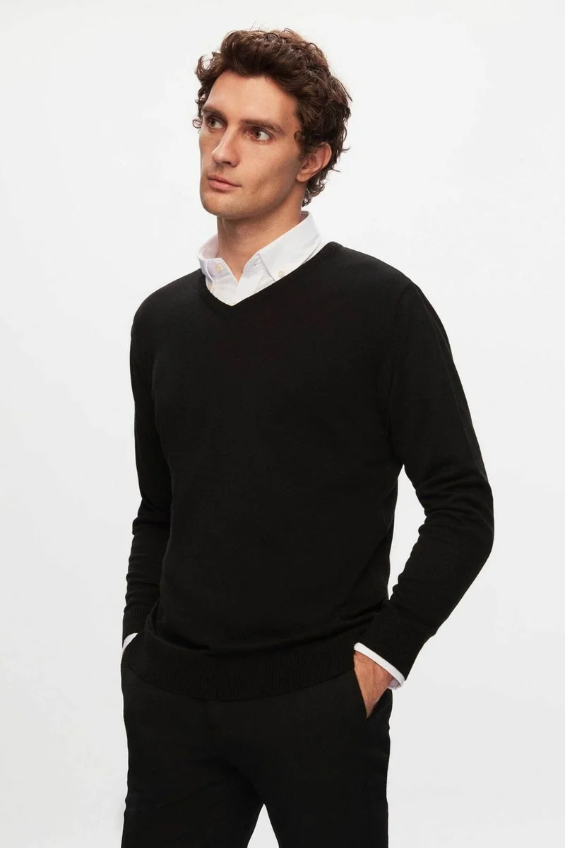 دي أس دامات Regular Fit Black Plain V Neck Knitwear Sweater 5HF06ORT12003