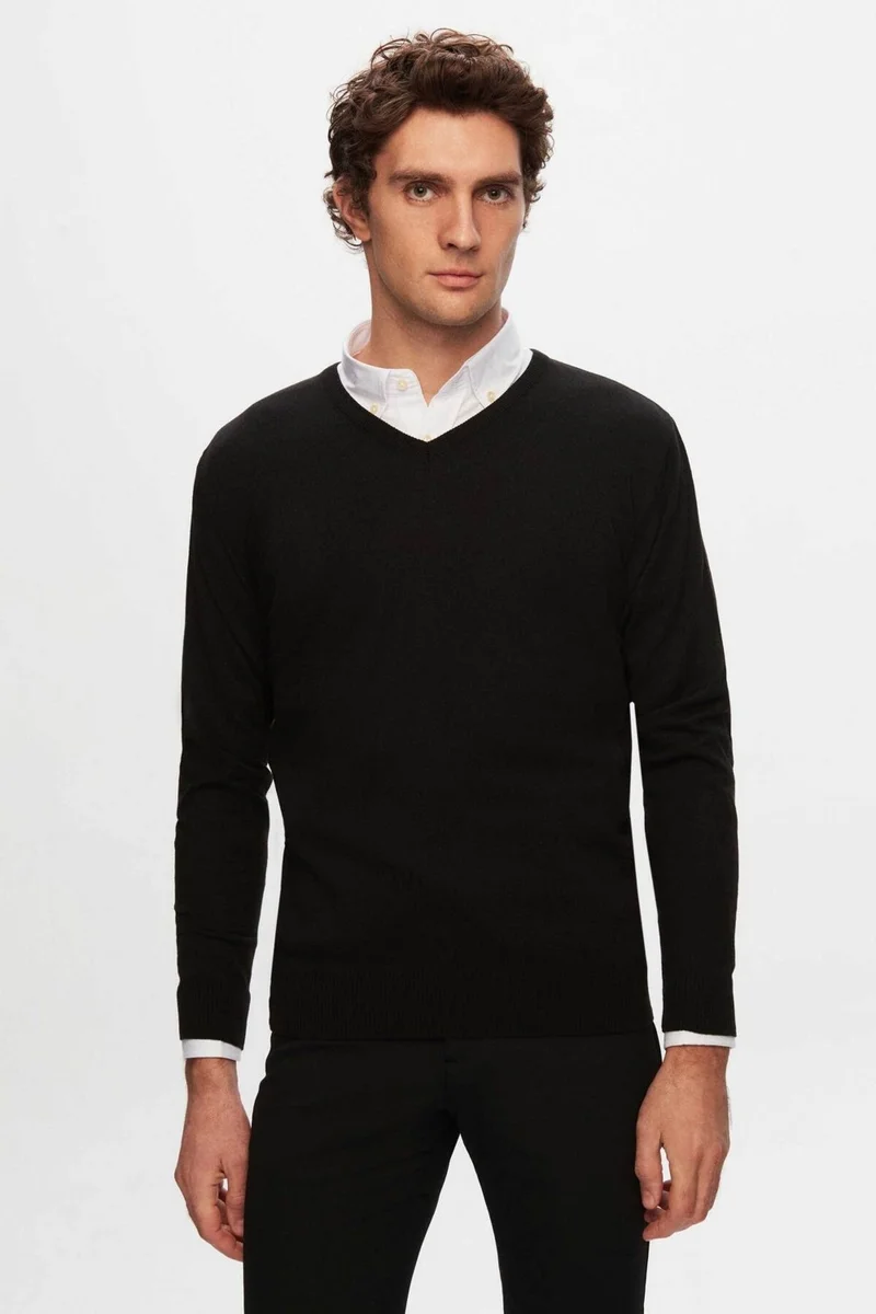 دي أس دامات Regular Fit Black Plain V Neck Knitwear Sweater 5HF06ORT12003