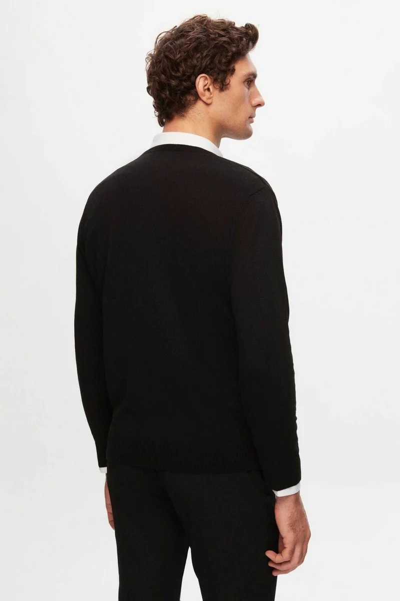 دي أس دامات Regular Fit Black Plain V Neck Knitwear Sweater 5HF06ORT12003