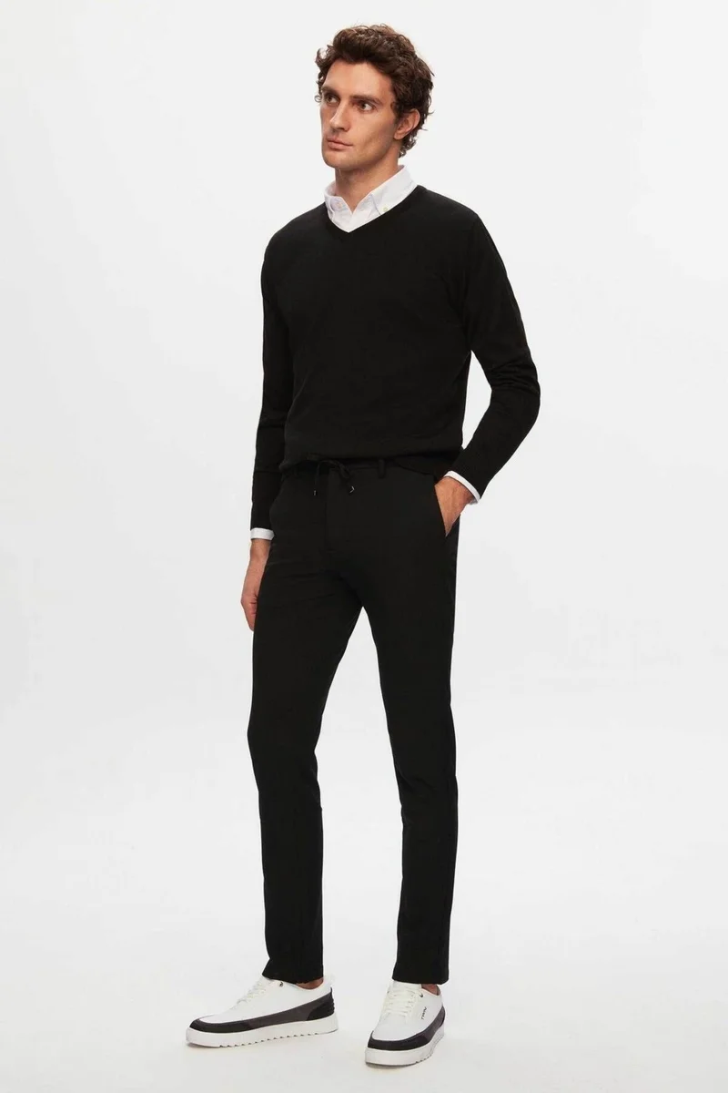 دي أس دامات Regular Fit Black Plain V Neck Knitwear Sweater 5HF06ORT12003