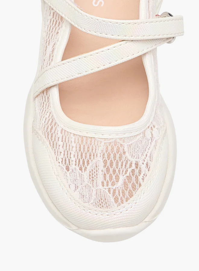 JUNIORS Girls Lace Detail Mary Jane Shoes with Hook and Loop Closure