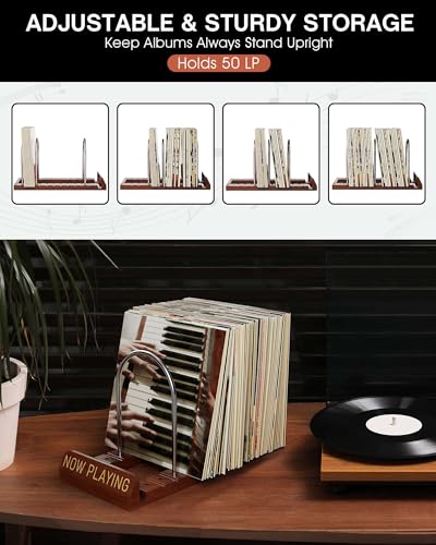 BS-VOG Now Playing Vinyl Record Stand, 50 LP Vinyl Record Storage with Non-slip Grooves, Wood Now Spinning Vinyl Record Holder for Albums Magazine Rack Magazine Organizer Record Display, Gift Package - Image 3