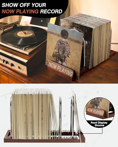 BS-VOG Now Playing Vinyl Record Stand, 50 LP Vinyl Record Storage with Non-slip Grooves, Wood Now Spinning Vinyl Record Holder for Albums Magazine Rack Magazine Organizer Record Display, Gift Package - Image 2