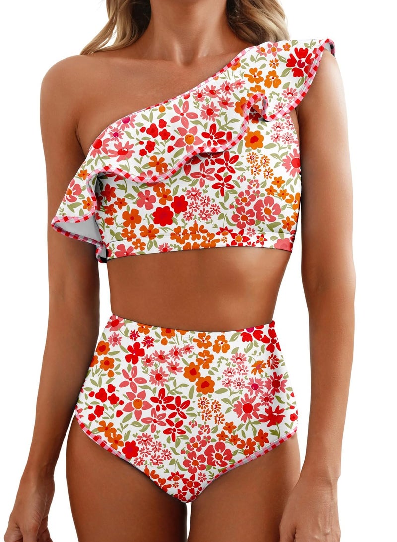 Herseas Women's One Shoulder Cute Bikini Set 2026 Summer Color Block Trim Ruffle Swim Suit Elegant Padded Bathing Suits Ditsy Floral Print Trendy Beach Vacation Outfits Large - Image 1