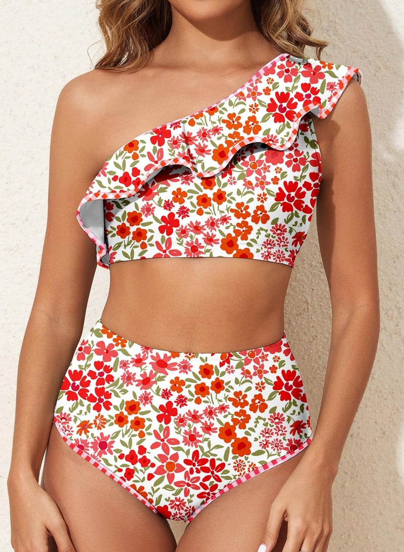Herseas Women's One Shoulder Cute Bikini Set 2026 Summer Color Block Trim Ruffle Swim Suit Elegant Padded Bathing Suits Ditsy Floral Print Trendy Beach Vacation Outfits Large - Image 3