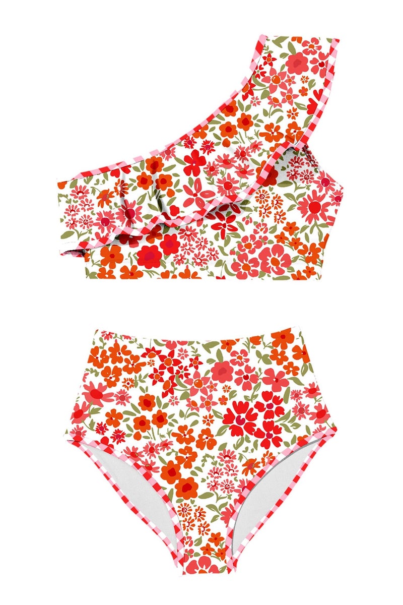 Herseas Women's One Shoulder Cute Bikini Set 2026 Summer Color Block Trim Ruffle Swim Suit Elegant Padded Bathing Suits Ditsy Floral Print Trendy Beach Vacation Outfits Large - Image 5