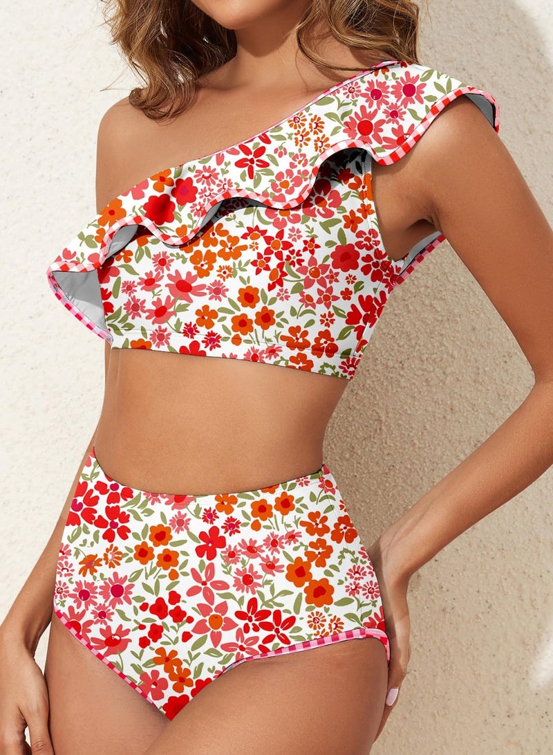 Herseas Women's One Shoulder Cute Bikini Set 2026 Summer Color Block Trim Ruffle Swim Suit Elegant Padded Bathing Suits Ditsy Floral Print Trendy Beach Vacation Outfits Large - Image 2