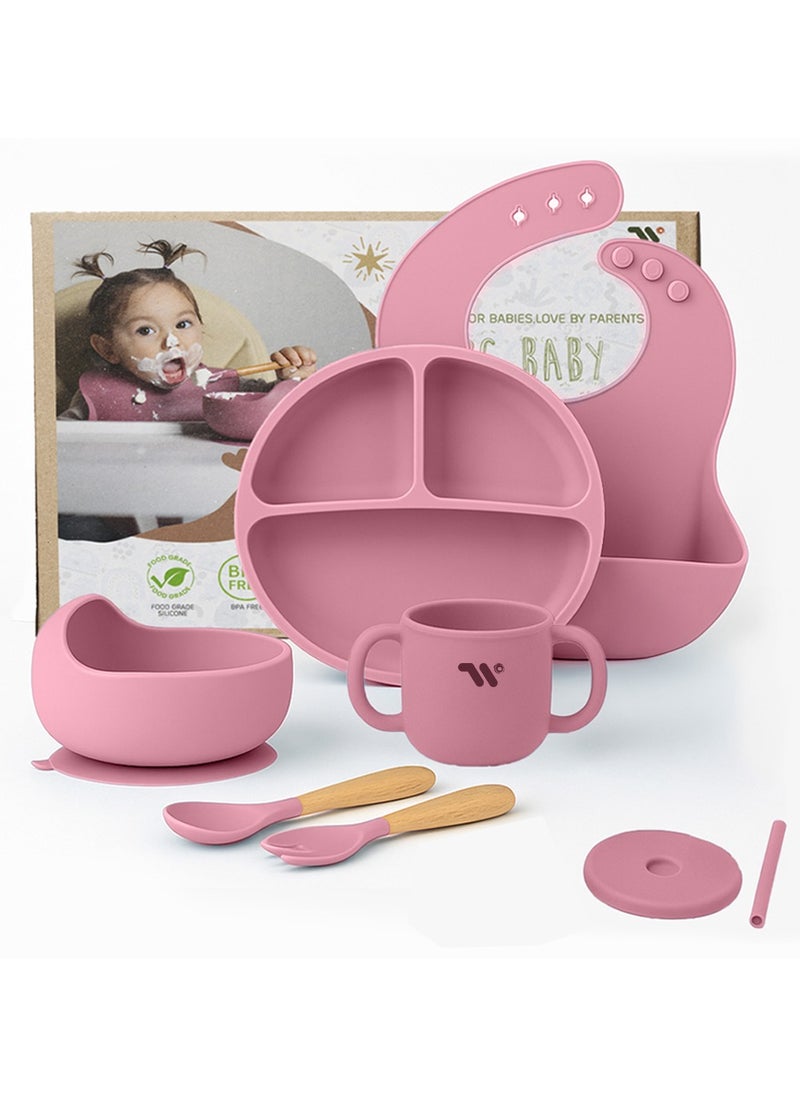 S2C S2C 6 Pcs Silicone Baby Feeding Set, Baby Led Weaning Set, Feeding Supplies for Toddlers New Born Baby Gift Set, Suction Silicone Baby Plate with Divider,Baby Feeder,Bib,Spoon (PINK)  - Image 1