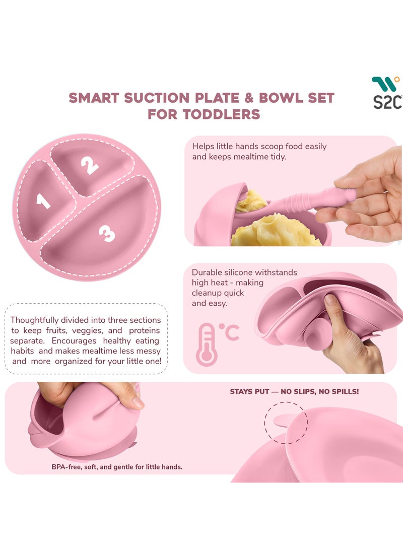 S2C S2C 6 Pcs Silicone Baby Feeding Set, Baby Led Weaning Set, Feeding Supplies for Toddlers New Born Baby Gift Set, Suction Silicone Baby Plate with Divider,Baby Feeder,Bib,Spoon (PINK)  - Image 4