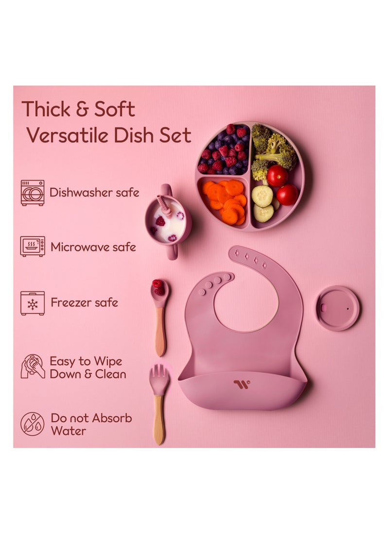 S2C S2C 6 Pcs Silicone Baby Feeding Set, Baby Led Weaning Set, Feeding Supplies for Toddlers New Born Baby Gift Set, Suction Silicone Baby Plate with Divider,Baby Feeder,Bib,Spoon (PINK)  - Image 3