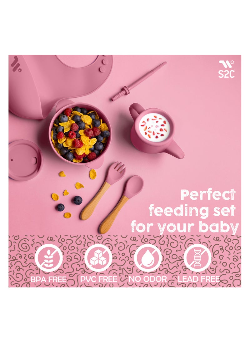 S2C S2C 6 Pcs Silicone Baby Feeding Set, Baby Led Weaning Set, Feeding Supplies for Toddlers New Born Baby Gift Set, Suction Silicone Baby Plate with Divider,Baby Feeder,Bib,Spoon (PINK)  - Image 2