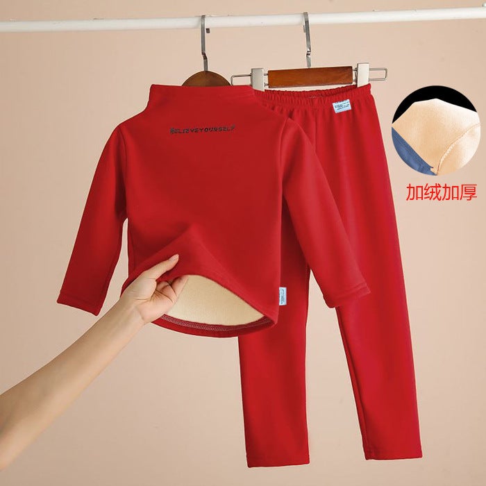 Childrens fleece-lined thickened turtleneck bottoming shirt suit winter boys and girls long johns underwear suit baby middle and big children Red suit