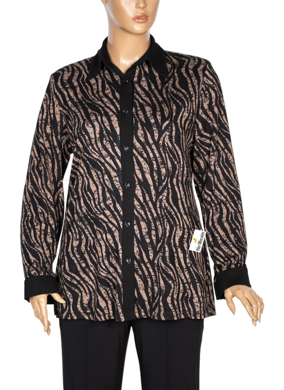 Hesna Women's Feza Wavy Patterned Black Shirt