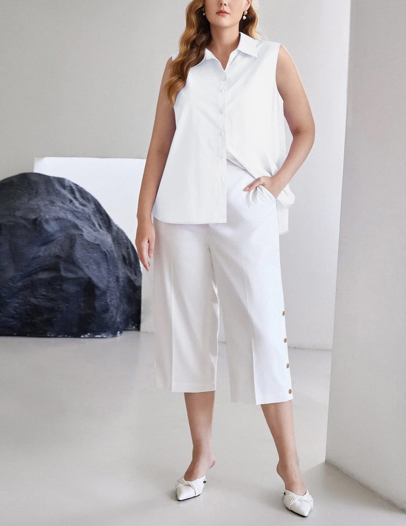 Zeagoo Women's Sleeveless Button Down Shirt Tops Solid Casual Loose Blouse - White White Large - Image 5