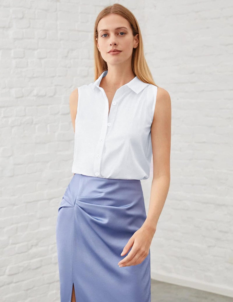 Zeagoo Women's Sleeveless Button Down Shirt Tops Solid Casual Loose Blouse - White White Large - Image 4