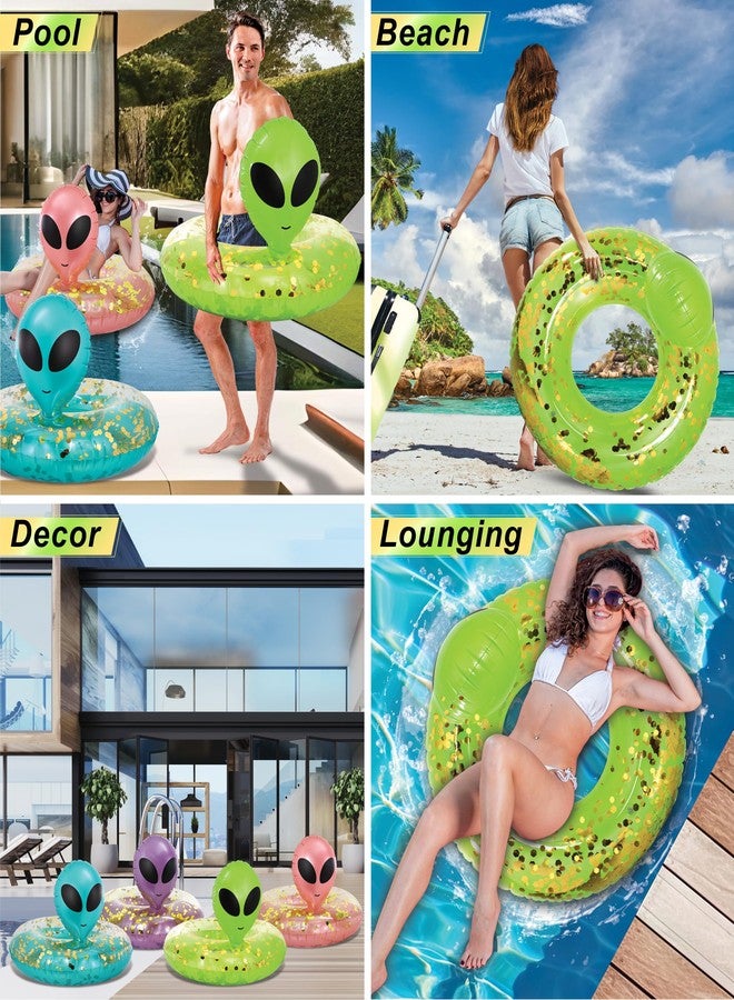 POZA Inflatable Alien Pool Float Tube - Heavy Duty Vinyl UV Resistant Confetti Pool Alien Floatie, Cool Pool Float Swim Ring Pool Inflatables for Kids, Adults for Beach, Party, Vacation - Green Gold - Image 3