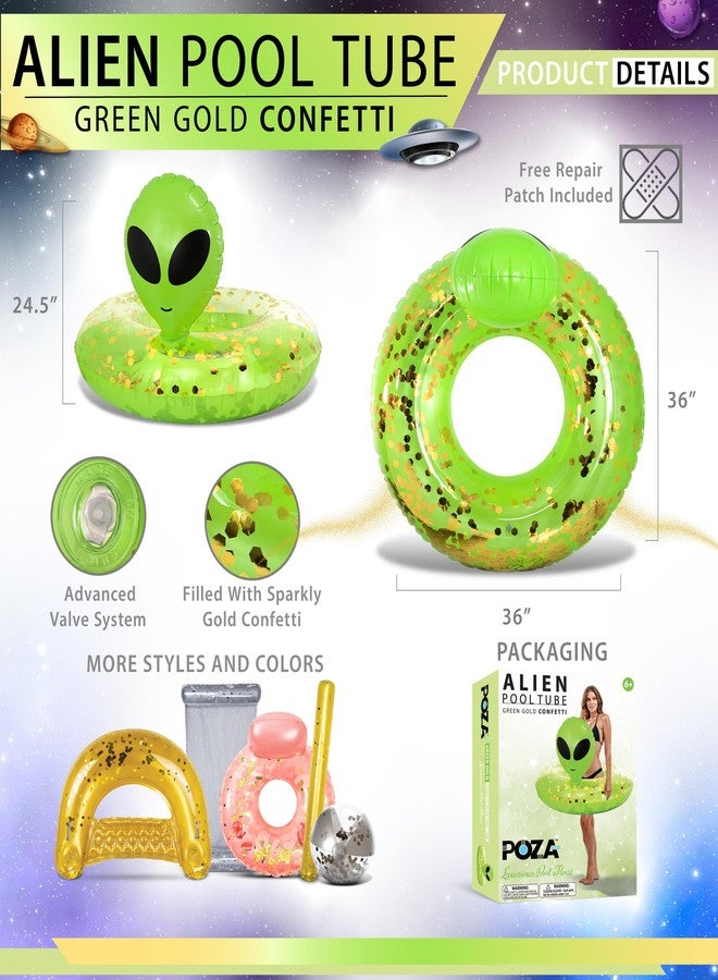 POZA Inflatable Alien Pool Float Tube - Heavy Duty Vinyl UV Resistant Confetti Pool Alien Floatie, Cool Pool Float Swim Ring Pool Inflatables for Kids, Adults for Beach, Party, Vacation - Green Gold - Image 2
