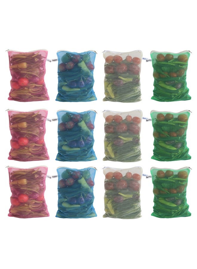 Beddify Set of 12 Reusable Fridge Mesh Fabric Storage Bag for Vegetables and Fruits with Zip Lock (9 X 14 Inches) Multi Color - Image 1