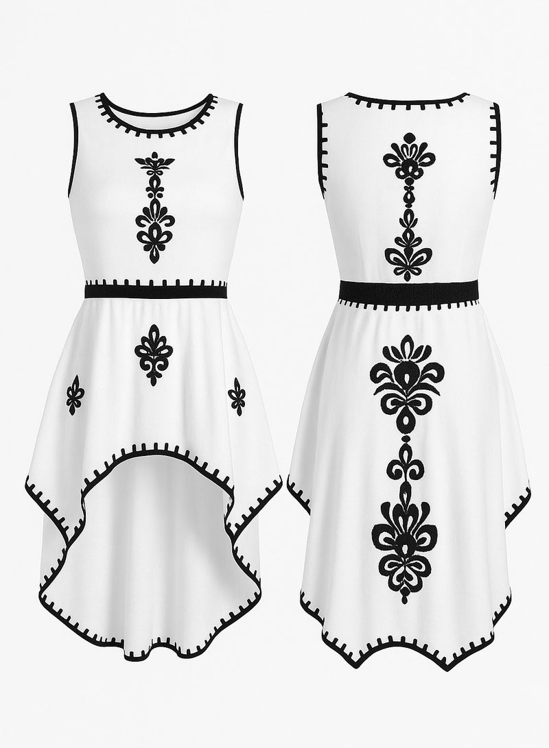 شارلي فستان نسائي مطرز بدون أكمام - مقاس M - أبيض وأسود - حاشية غير متماثلة - فستان صيفي أنيق مستوحى من طراز بوهو للارتداء غير الرسمي والحفلات والمنتجعات - قماش خفيف الوزن قابل للتهوية - تفاصيل نمط شعبي أنيق - ملابس مريحة وأنيقة للنساء - أسلوب عرقي عصري - Image 1