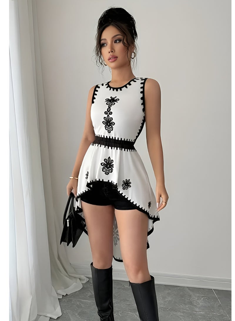 شارلي فستان نسائي مطرز بدون أكمام - مقاس M - أبيض وأسود - حاشية غير متماثلة - فستان صيفي أنيق مستوحى من طراز بوهو للارتداء غير الرسمي والحفلات والمنتجعات - قماش خفيف الوزن قابل للتهوية - تفاصيل نمط شعبي أنيق - ملابس مريحة وأنيقة للنساء - أسلوب عرقي عصري - Image 3
