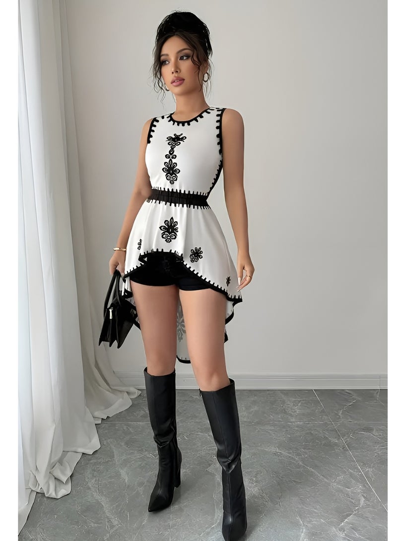 شارلي فستان نسائي مطرز بدون أكمام - مقاس M - أبيض وأسود - حاشية غير متماثلة - فستان صيفي أنيق مستوحى من طراز بوهو للارتداء غير الرسمي والحفلات والمنتجعات - قماش خفيف الوزن قابل للتهوية - تفاصيل نمط شعبي أنيق - ملابس مريحة وأنيقة للنساء - أسلوب عرقي عصري - Image 5