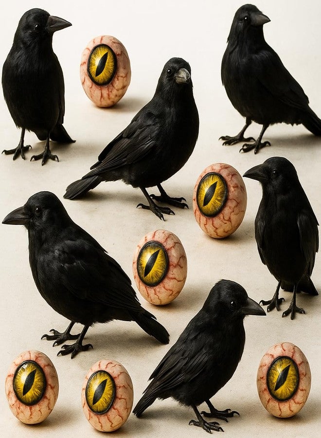 KatchOn, Black Crows with Eyes Halloween Decorations - Pack of 12 | Realistic Feathered Crows for Indoor Outdoor Halloween Decor | Scary Raven Decorations for Haunted House - Image 1