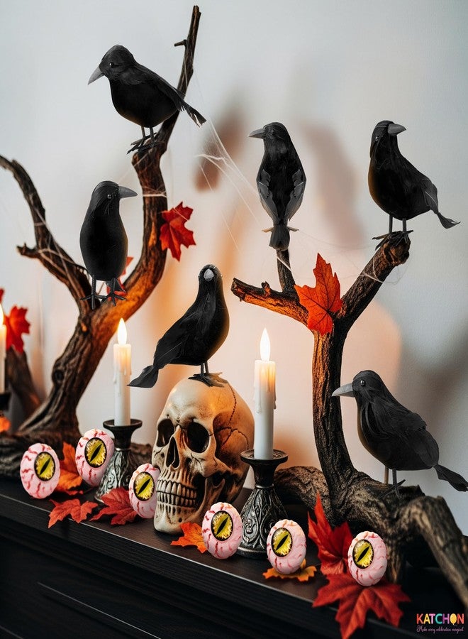 KatchOn, Black Crows with Eyes Halloween Decorations - Pack of 12 | Realistic Feathered Crows for Indoor Outdoor Halloween Decor | Scary Raven Decorations for Haunted House - Image 5