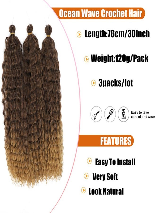 Felek Ocean Wave Crochet Braiding Hair 30inch 3 Packs Ombre Brown Long Water Wave Synthetic Wavy Deep Curly Crochet Braids Hair For Black Women (T4/27) - Image 2