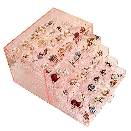 YUFONG Earring Storage Box Organizer, Acrylic Jewelry Storage Box Holder 5 Drawers Transparent Jewelry Display Stand with 120 Small Compartments Gift Boxes for Women Girls (Clear Pink) - Image 1