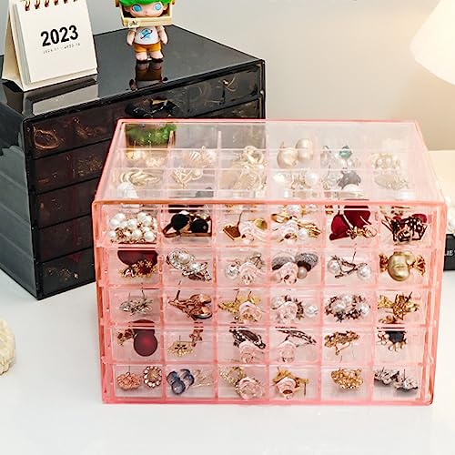 YUFONG Earring Storage Box Organizer, Acrylic Jewelry Storage Box Holder 5 Drawers Transparent Jewelry Display Stand with 120 Small Compartments Gift Boxes for Women Girls (Clear Pink) - Image 3