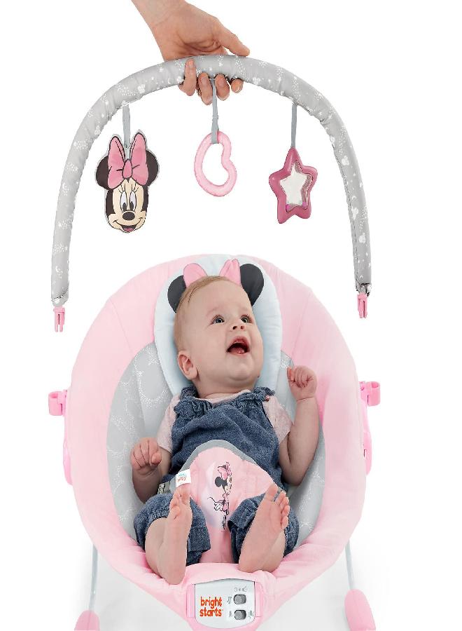 Bright Starts Bright Starts Minnie Mouse Rosy Skies Baby Bouncer with Vibrating Infant Seat, Music & 3 Playtime Toys, 23x19x23 Inch (Pink) - Image 3