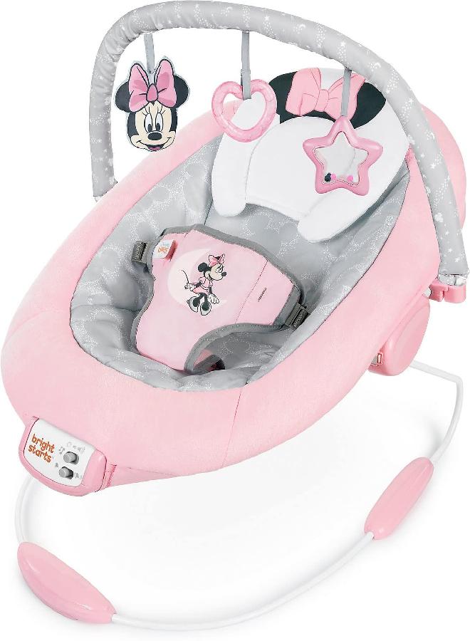 Bright Starts Bright Starts Minnie Mouse Rosy Skies Baby Bouncer with Vibrating Infant Seat, Music & 3 Playtime Toys, 23x19x23 Inch (Pink) - Image 1