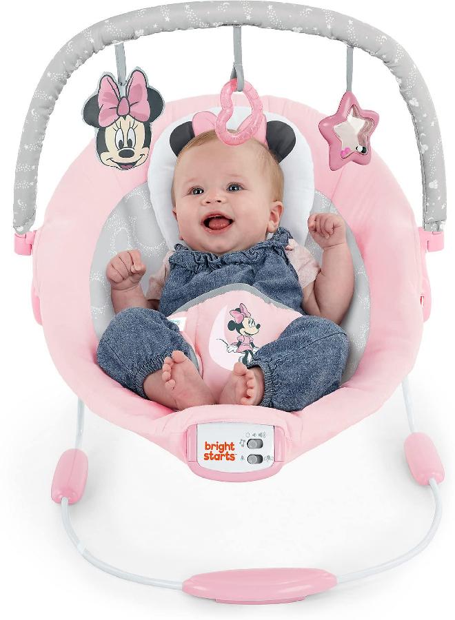 Bright Starts Bright Starts Minnie Mouse Rosy Skies Baby Bouncer with Vibrating Infant Seat, Music & 3 Playtime Toys, 23x19x23 Inch (Pink) - Image 2