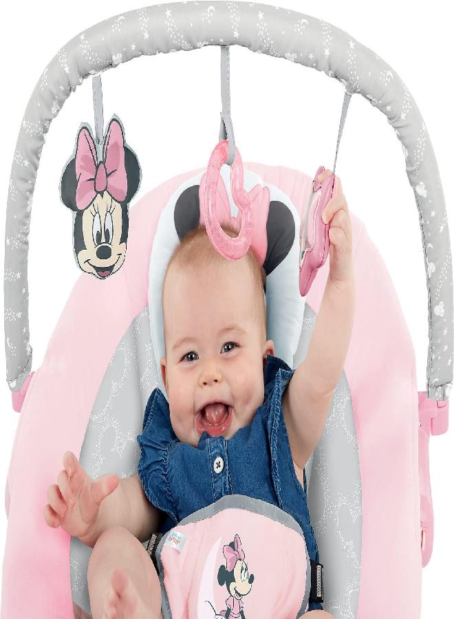 Bright Starts Bright Starts Minnie Mouse Rosy Skies Baby Bouncer with Vibrating Infant Seat, Music & 3 Playtime Toys, 23x19x23 Inch (Pink) - Image 4