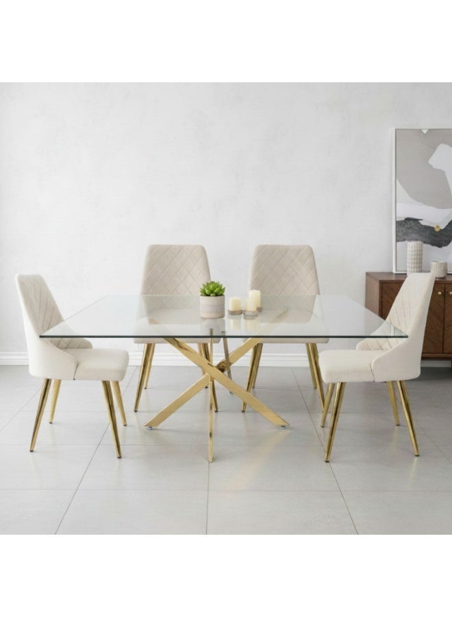 VANITY LIVING Davos Gold Large 4-Seater Dining Table Set – Elegant Table with Milan Cream Upholstered Chairs - Image 1