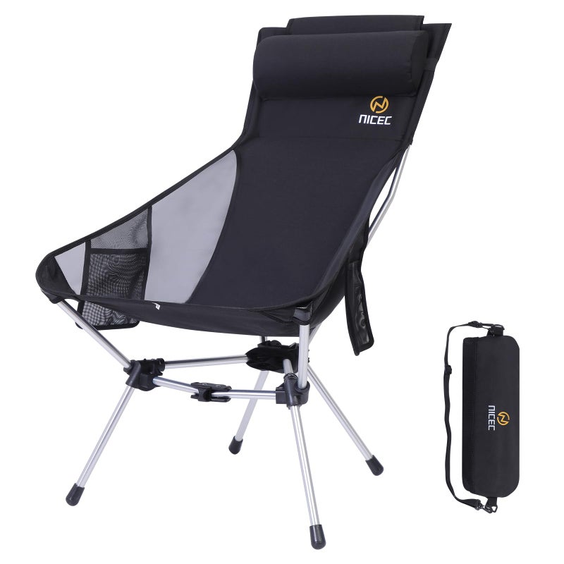 Nice C Ultralight High Back Folding Camping Chair Backpacking Chair Compact  Heavy Duty Outdoor Travel Picnic Festival with 2 Side Pockets Pillow Carry Bag One Black