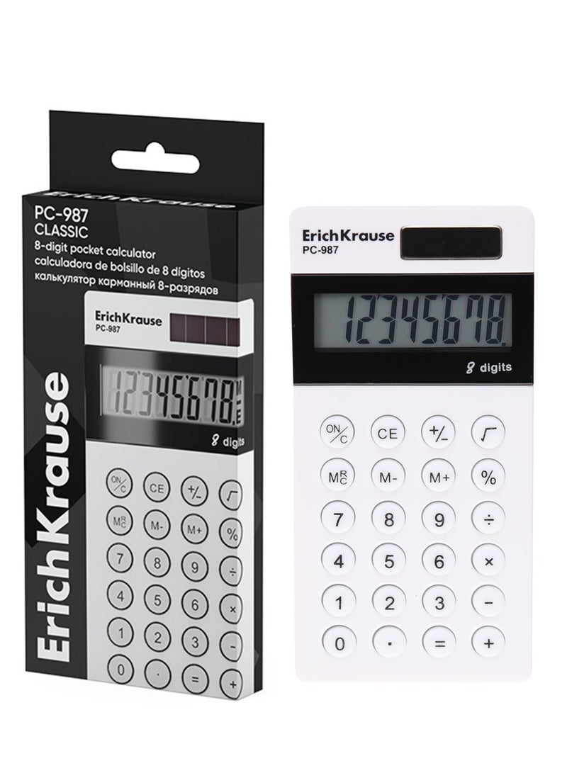 ErichKrause 8-Digit Pocket Size Calculator With Dual Power White Body - Image 1