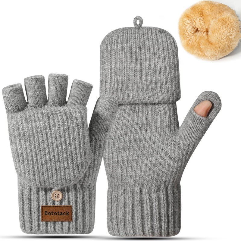 Bototack Winter Knitted Fingerless Gloves Mittens for Women, Grey, One size - Image 1