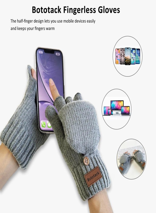 Bototack Winter Knitted Fingerless Gloves Mittens for Women, Grey, One size - Image 2