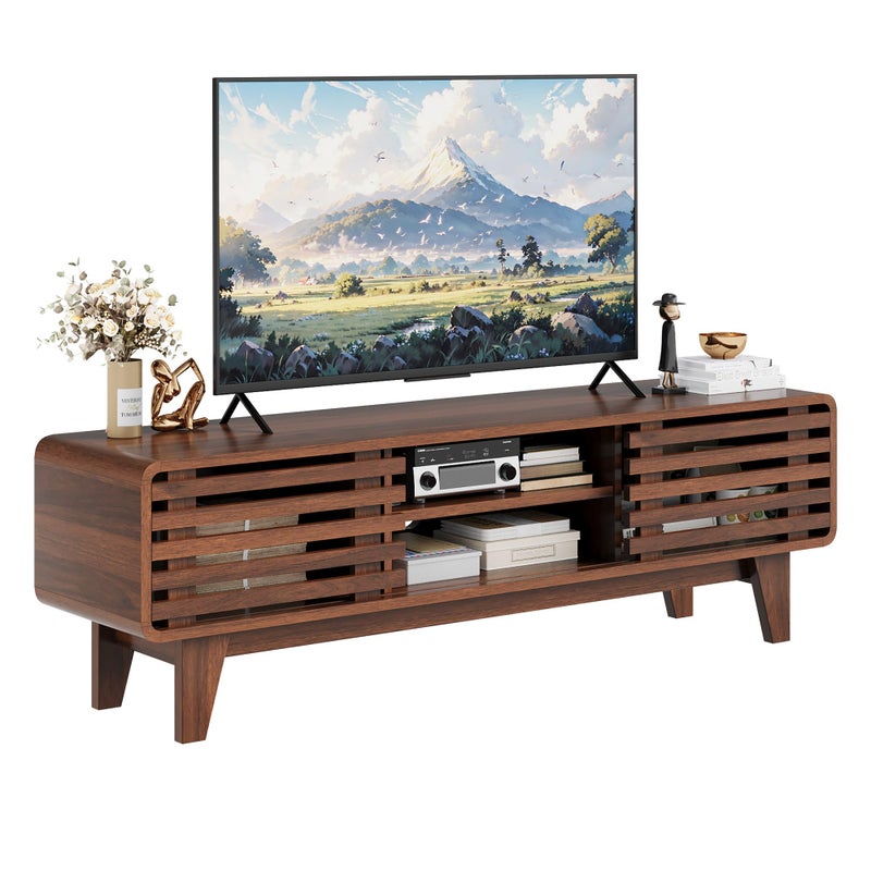 Luoxiao TV Stand for 60 Inch TV Mid Century Modern Entertainment Center with Storage Boho Television Stand with Shelves and Grille Sliding Doors Wood Media Console for Living Room Walnut