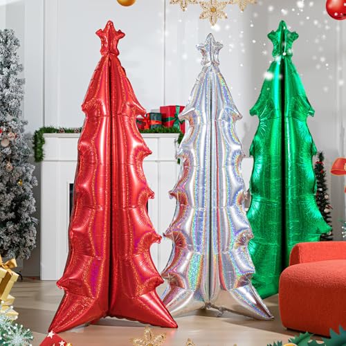 Realspring 3 Pcs 72 in Christmas Tree Balloons 4d Iridescent Red Green and Silver Self Standing Foil Balloons Jumbo Holidays Decorations for Christmas Themed Birthday Home Decor - Image 1