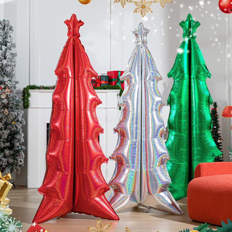 Realspring 3 Pcs 72 in Christmas Tree Balloons 4d Iridescent Red Green and Silver Self Standing Foil Balloons Jumbo Holidays Decorations for Christmas Themed Birthday Home Decor - Image 3
