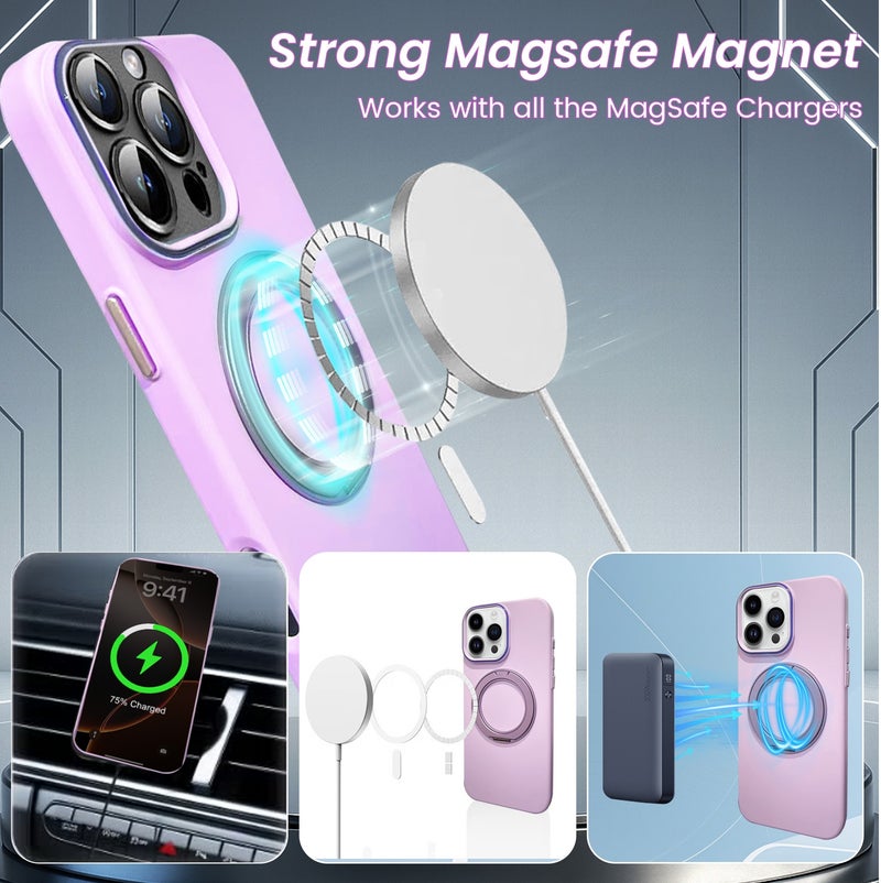 غلاف متوافق مع MagSafe لهاتف آيفون 16 برو ماكس، غلاف هاتف مغناطيسي بستاند دوار مضاد للخدش والصدمات - لون بنفسجي - Image 2