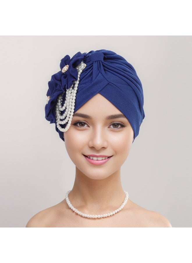 Laravel Women's Flower Pearl Accessories Elegant Fashion Muslim Islamic Arab Hijab Undercap Elastic Turban Hat Headscarf Hat Ramadan Gift Holiday Gift Box - Blue  - Image 2