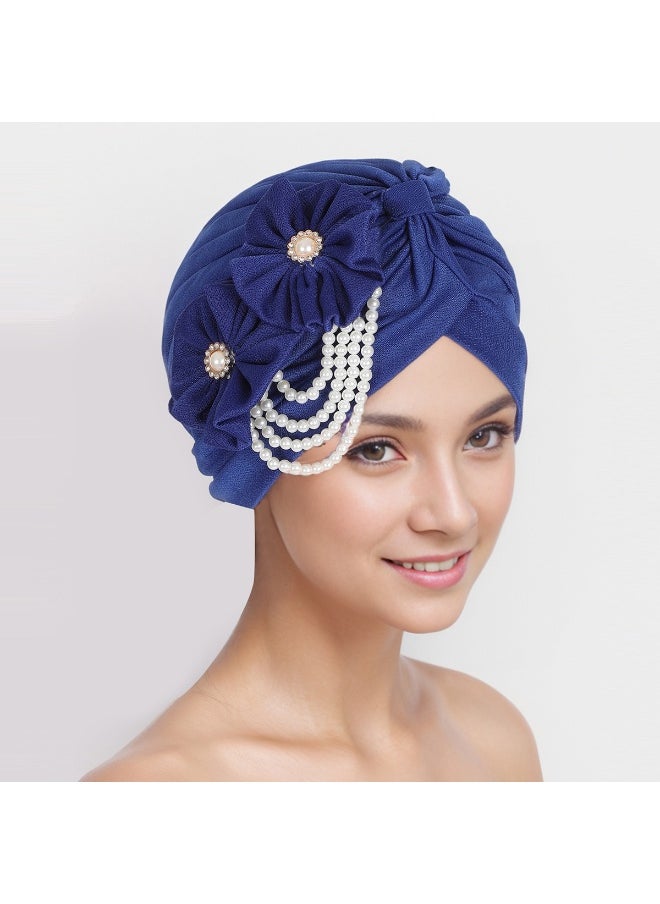Laravel Women's Flower Pearl Accessories Elegant Fashion Muslim Islamic Arab Hijab Undercap Elastic Turban Hat Headscarf Hat Ramadan Gift Holiday Gift Box - Blue  - Image 1