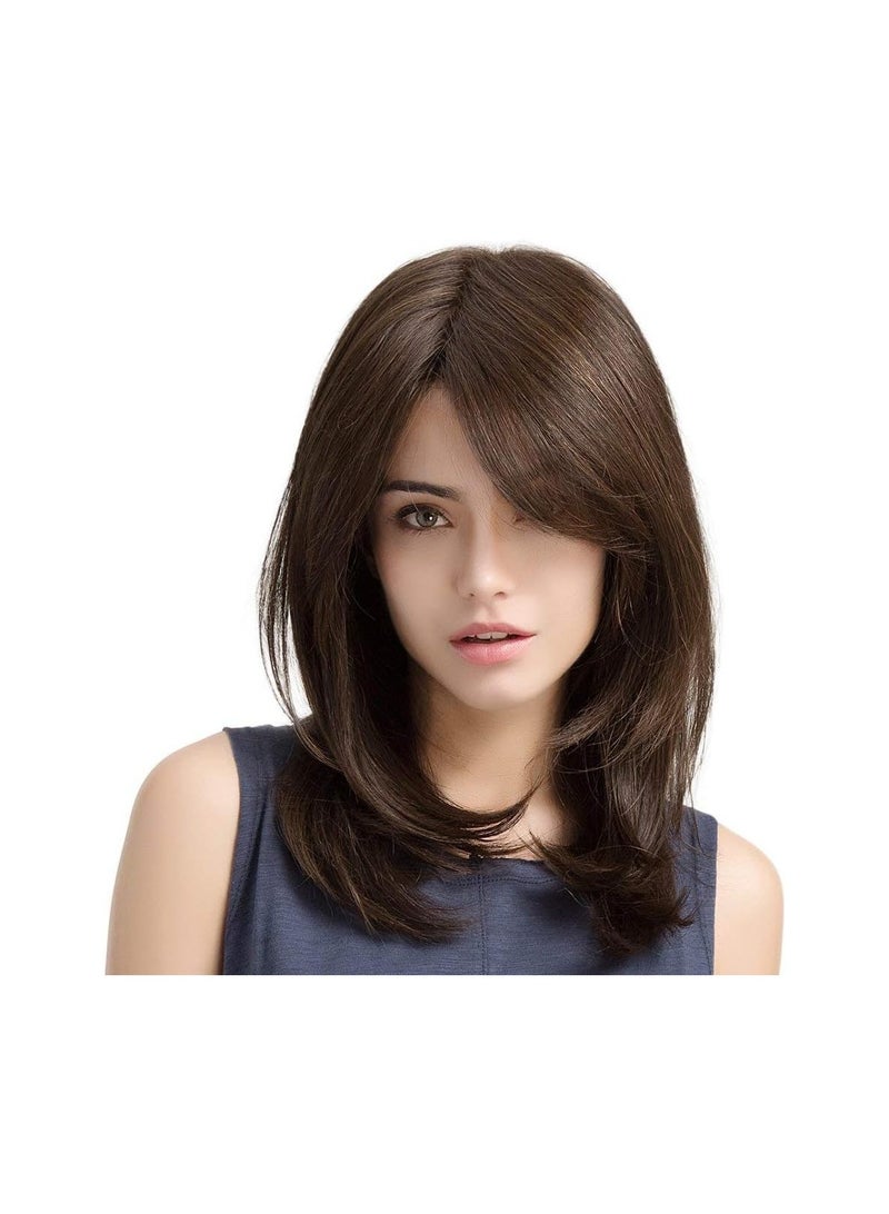 إستيل شعر مستعار مصنوع من الألياف المقاومة للحرارة مع غرة للنساء، شعر مستعار كامل ذو مظهر طبيعي (بني داكن) - Image 1