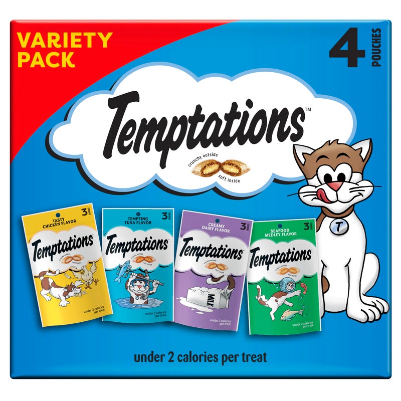 Temptations Classic Crunchy and Soft Cat Treats Feline Favorites Variety Pack, 3 oz. Pouches (Pack of 4) - Image 1