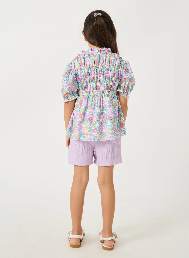 Styli Printed Smocked Detail Top and Shorts Set